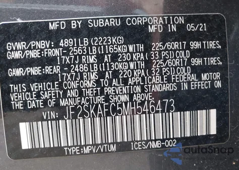 2021 Subaru Forester Premium z USA, uszkodzony, nr VIN JF2SKAFC5MH546473